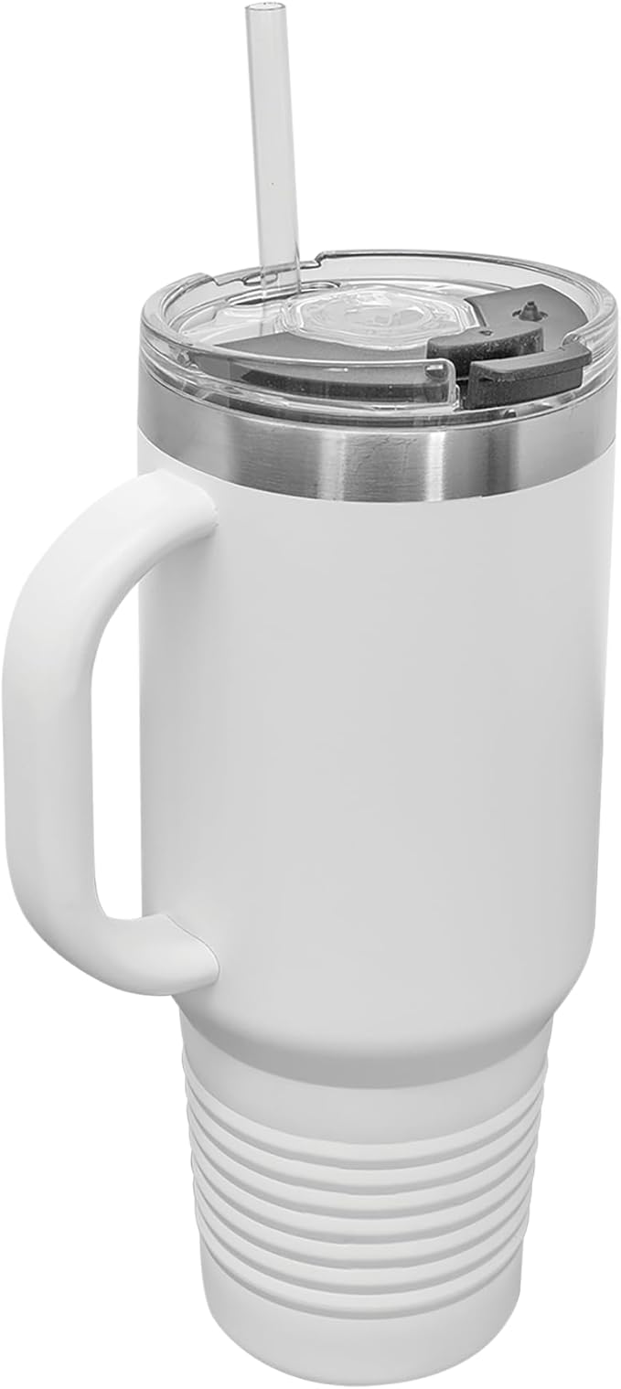 LaserGram 40oz Vacuum Insulated Travel Mug with Handle, Tiki Statue, Personalized Engraving Included (White)