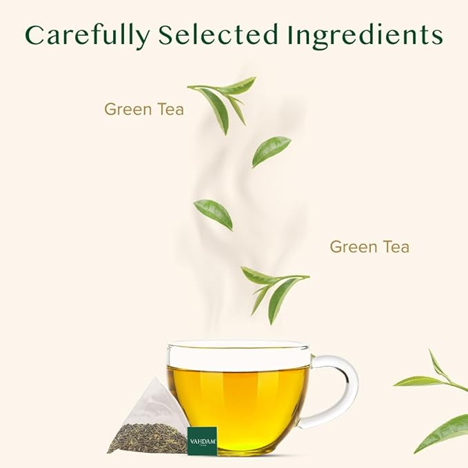 VAHDAM, Himalayan Green Tea (30 Count) High Grown, Non GMO, Gluten Free, Med Caffeine | Earthy & Smooth | Resealable & Individually Wrapped | Plant-Based Pyramid Tea Bags