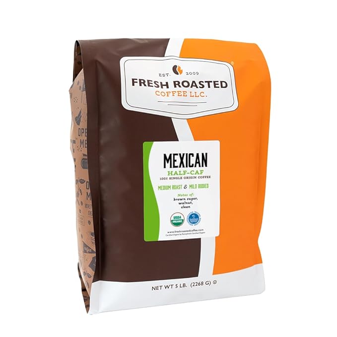 Fresh Roasted Coffee, Organic Mexican Water-Processed Half-Caf | USDA Organic, Kosher | Medium Roast 5 lb (80 oz) Whole Bean