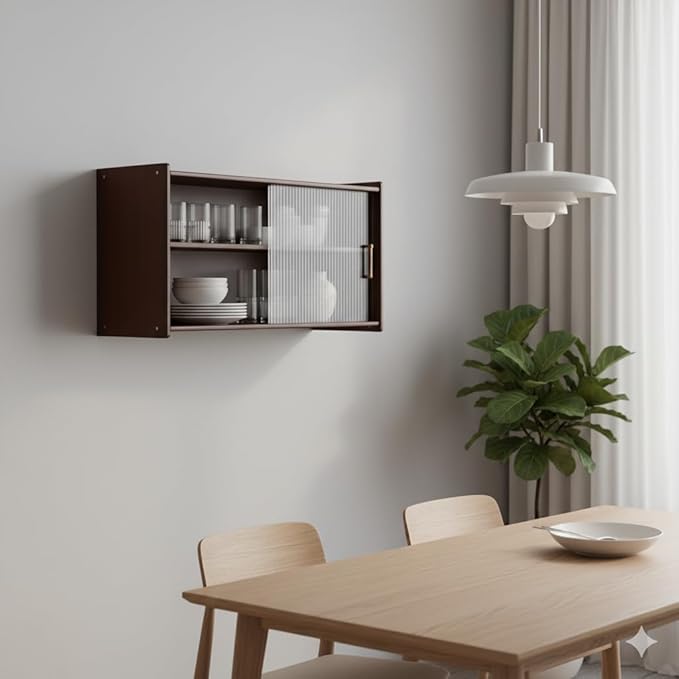 Wall Mounted Bamboo Countertop Storage Cabinet with Glass Door, Hanging Kitchen Cupboard with Adjustable Shelves, Small Pantry Sideboard for Dining Room, Bathroom, Walnut
