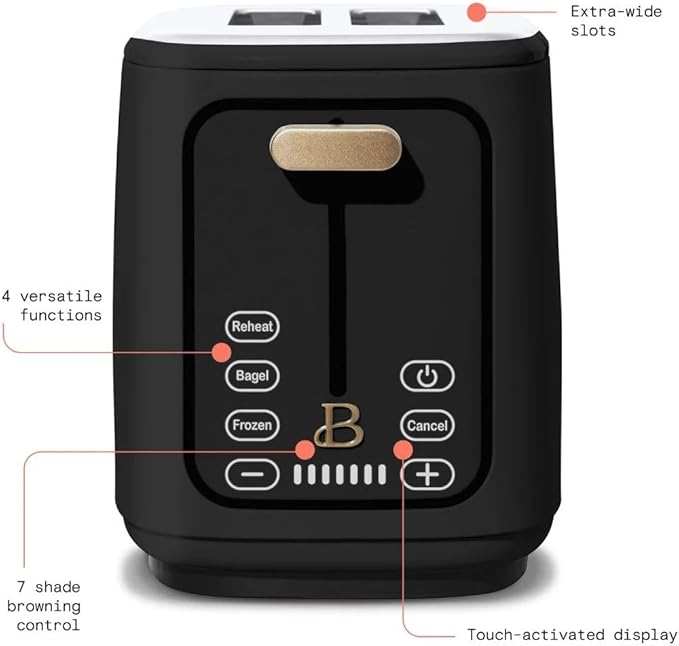 Beautiful by Drew Barrymore 2-Slice Toaster, Touch-Activated Display, 7 Shade Settings, Bagel/Frozen/Reheat Presets. (Black Sesame)