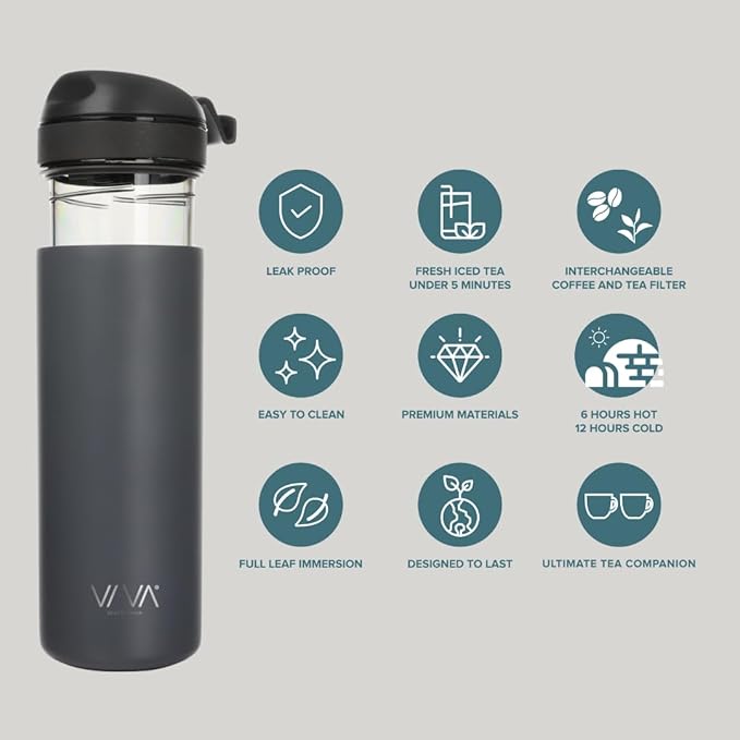 VIVA Recharge Grey Insulated Tea & Coffee Mug & Travel French Press Coffee Maker, 16 oz, Brew & Drink From the Same Coffee Mug On the Go or Camping