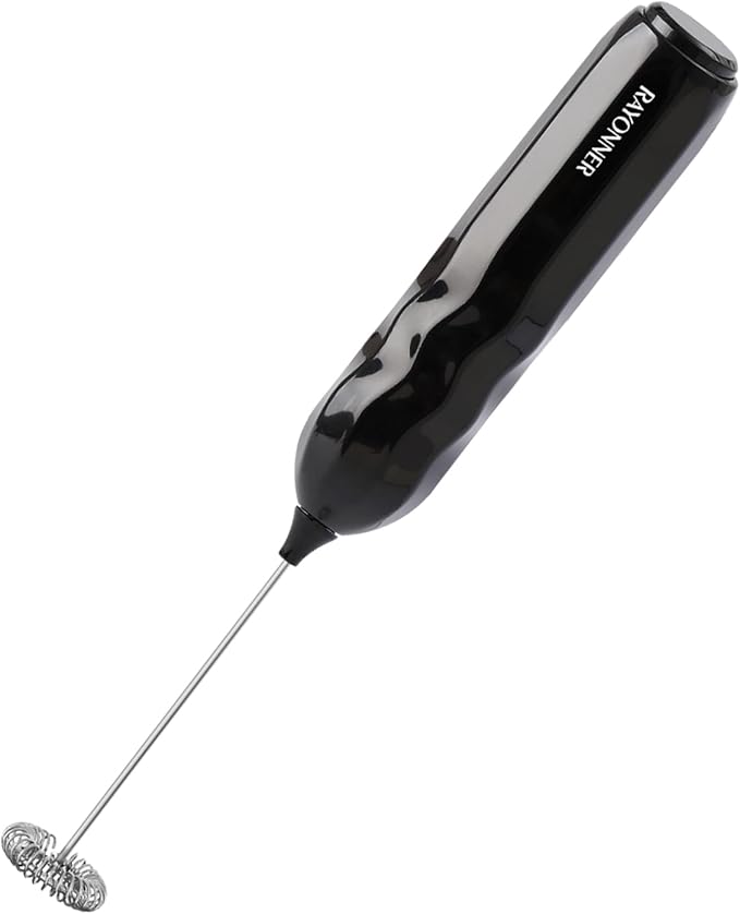 RAYONNER Milk Frother Handheld Fast Powerful Drink Mixer with Stainless Steel Whisk for Coffee, Battery Operated (Black)