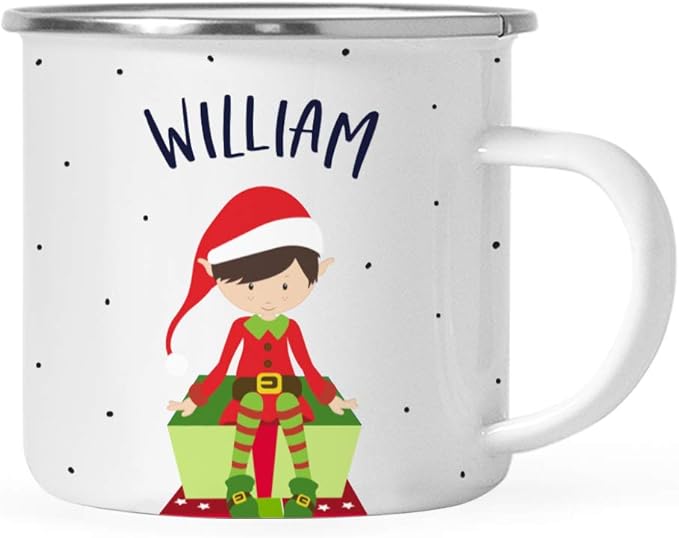 Andaz Press Personalized Name 11oz. Kids Christmas Hot Chocolate Stainless Steel Campfire Coffee Mug, Red Boy Xmas Elf Seated, 1-Pack, Custom Birthday Xmas Cup Christmas Hot Chocolate Mug