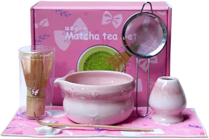 7pcs soft pink matcha whisk set with cute bow and heart motif - complete matcha kit set includes bamboo whisk, bowl, stand, scoop, sifter, towel -ideal gift for women and Japanese tea ceremony