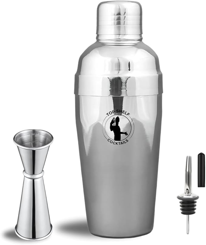 Cocktail Shaker Bar Set - 24oz Professional Martini Shaker with Built-in Strainer - Drink Mixer with Measuring Jigger and Pourer with Dust Cover