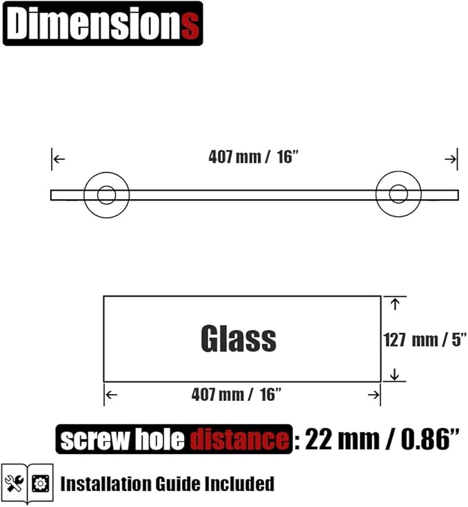 JQK Bathroom Glass Shelf Black, Tempered Glass Shower Storage 16 by 5 inches, 304 Stainless Steel Matte Black Wall Mount 2 Pack, TGS101L16-PB-P2