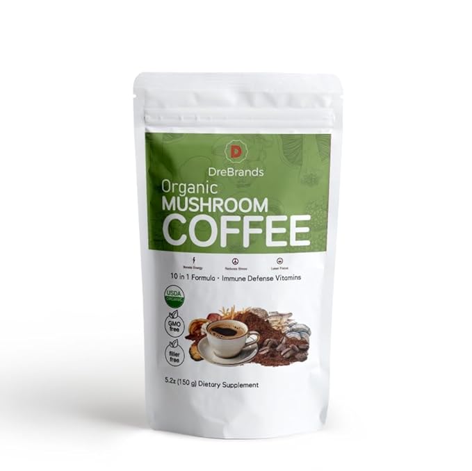 DreBrands Mushroom Coffee |10 in 1 Organic Mushrooms | USDA Organic | Instant Coffee | Wood Ear | Better Energy, Focus, Digestion, Immunity | Shiitake, Lion’s Mane, Turkey Tail | 15 Servings