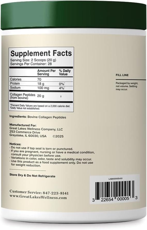 Great Lakes Wellness Collagen Peptides Powder for Skin, Hair, Nails, Joints & Digestion - Unflavored - Quick Dissolve Hydrolyzed, Non-GMO, Keto, Kosher - 20 oz
