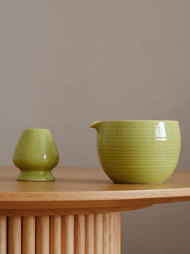 Matcha Whisk Set, Ceramic Matcha Bowl & Whisk Holder, Bamboo Accessory, Modern Design (Avocado Green, Pouring Spout)