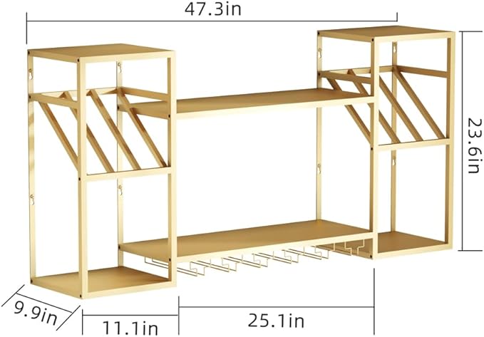 Metal Floating Bar Liquor Shelves 2 Tier, Wall Mounted Wine Rack with Glass Holder Storage, Wall Bar Shelf Wine Display Storage Holder for Kitchen Dining Room Bar (Gold)