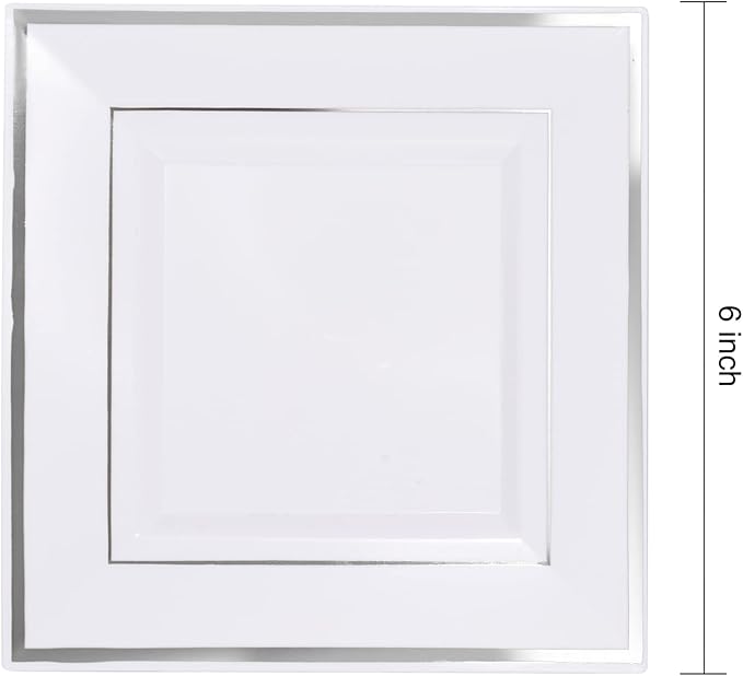 bUCLA 100PCS White and Silver Square Plastic Plates - 6inch Disposable Dessert Plates - Suitable for Weddings, Parties, Christmas