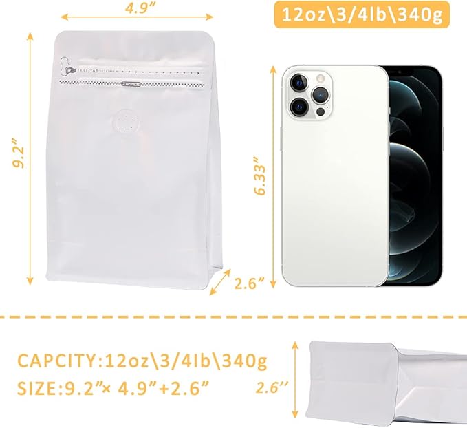 REMTAP Coffee Bags with Valve(100pcs,12 oz) white High Barrier Aluminumed Foil Flat Bottom Standing Coffee Beans Storage Bags,Reusable Heat Sealable Side Zipper Pouches for Home or Store