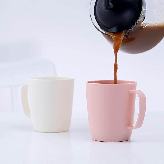 Coffee Mugs Set of 5, 10 Ounce Unbreakable Plastic Cups With Handle, 3 Basic Colors, Dishwasher Safe