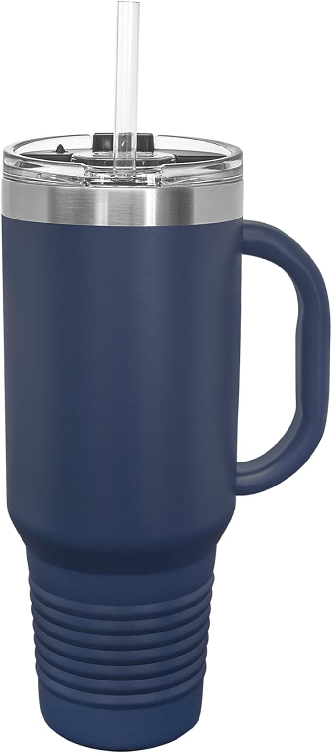 LaserGram 40oz Vacuum Insulated Travel Mug with Handle, Tiki Statue, Personalized Engraving Included (Navy Blue)