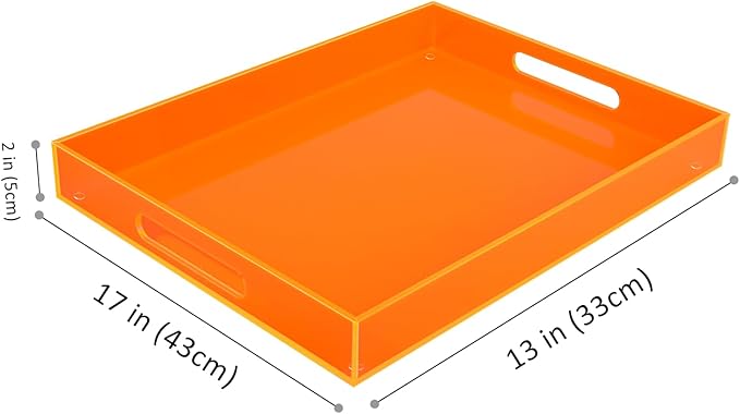 Large Acrylic Tray Ottoman Coffee Table Tray with Handles 17x13'' Decorative Serving Platter for Food Tea Dinner Snack Eating Bar Party, Neon Orange