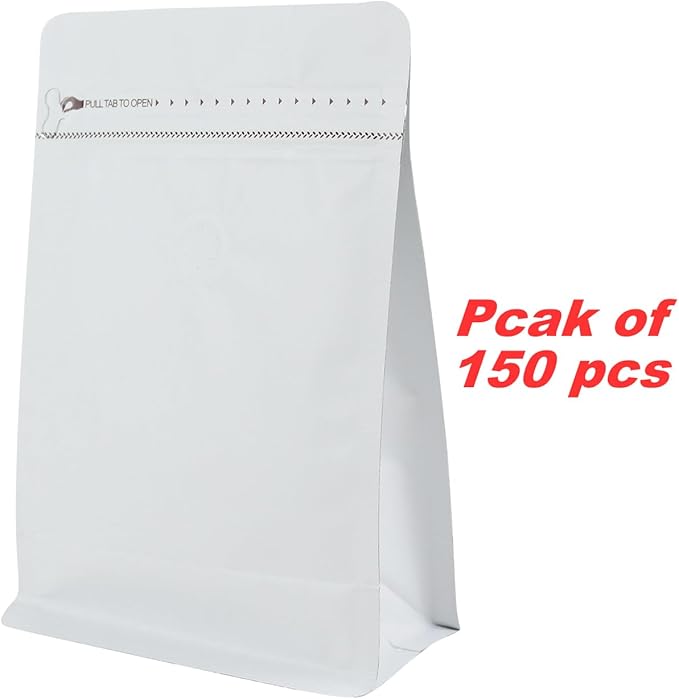 150 Pack High Barrier Stand-Up Coffee Bean Bags with Vented Valve, Matte Metallic, Heat-Sealable and Resealable Solid Color Pouches for Food Storage (6 * 12.8 inch,2 lb,32 oz,White)