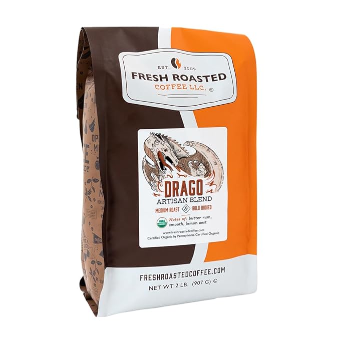 Fresh Roasted Coffee, Organic Drago Café Blend | USDA Organic, Kosher | Medium Roast 2 lb (32 oz) Ground