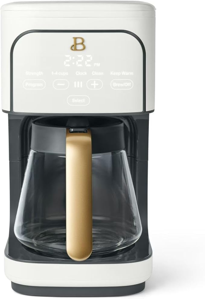 Beautiful 12-Cup Programmable Coffee Maker with Touch-Activated Display, Auto Brew Timer, Reusable Filter & Large Glass Carafe (White Icing)
