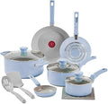 T-Fal Refresh Ceramic Nonstick Cookware Set, 12-Piece Nonstick Cookware, Oven Safe to 350°F, Stockpot, Griddle, Frying Pans, Utensils, Ceramic Pots and Pans Set, Blue