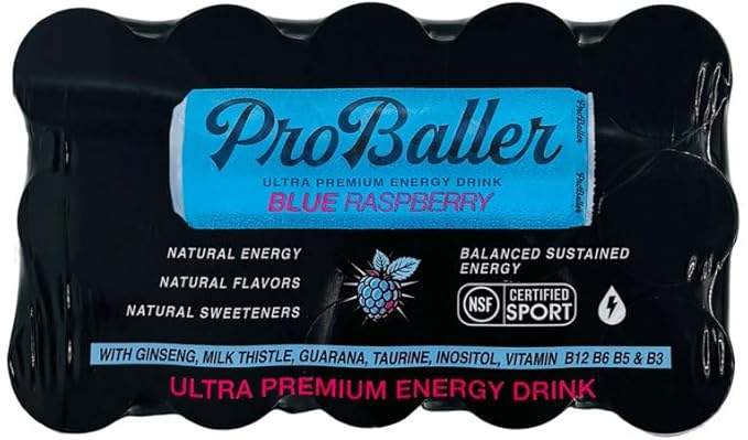 ProBaller Ultra Premium Zero Sugar Energy Drink - Natural & Clean NSF Certified Sport Drink with Amino Acids, Taurine, Biotin, Vitamin B 12 Methylcobalamin, & Electrolytes - 15 Pack - Blue Raspberry