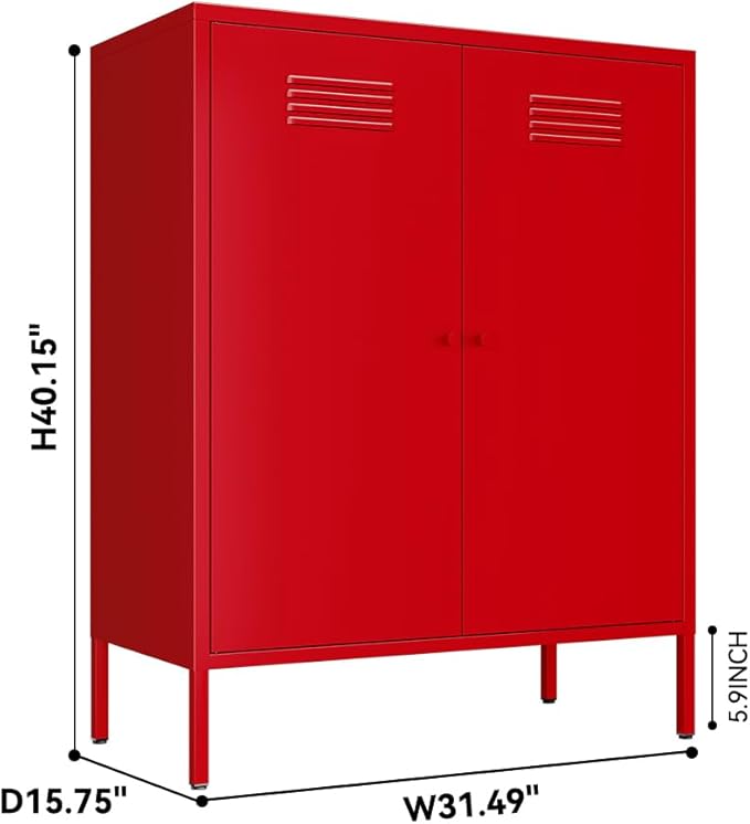 Red 2 Tier Metal Storage Cabinet with Legs, Small Accent Cabinet with Adjustable Shelf, Storage Side Table, 2 Door Storage Cabinet for Home, Office, Entryway, Kitchen,Bathroom,Dining Room