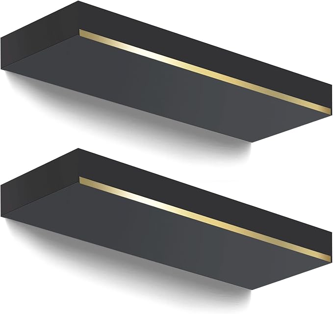 Thick 1.78 in Black and Gold Shelves with Thicked 1/5 Inch Heavy Duty Bracket,Black Gold Foating Shelves Pine Wood 16 ×6.5 in Floating Shelves for Wall with Stainless Steel Trim Strip Set of 2