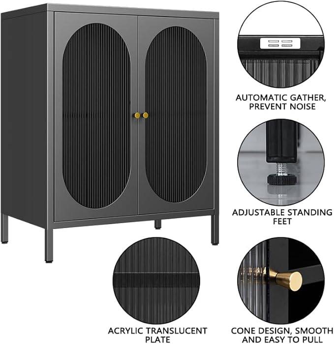 Small 2 Transparent Door Metal Storage Side Buffet Cabinet for Bed Room,Living Room,Entryway,Hallway,Home,Hotel,Office,Garage,Kitchen,1 Removable Shelf. (Transparent Door, Black)