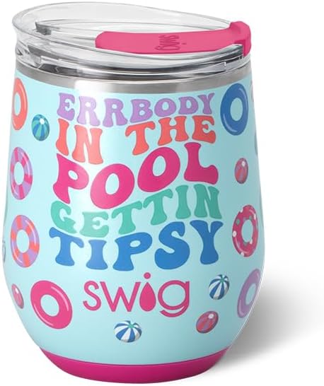 Swig Life 12oz Wine Tumbler with Lid, Stainless Steel, Dishwasher Safe, Portable, Triple Insulated Wine Tumbler (Errbody Pool)