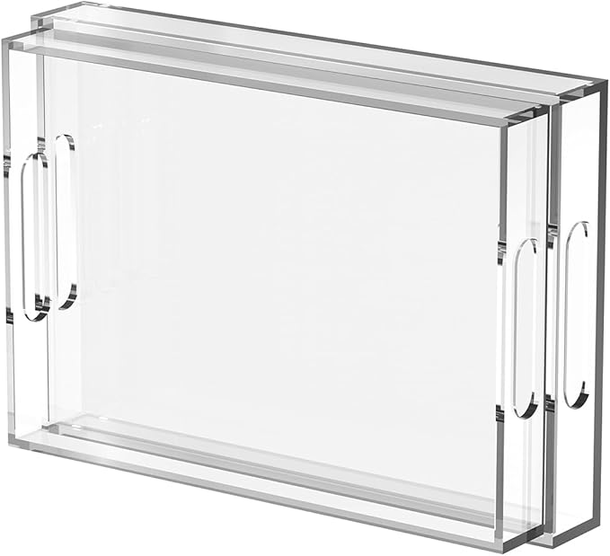 2 Pack 12"x17" Acrylic Serving Tray with Handle-Clear Acrylic Trays for Serving Food -6mm Thick Large Outdoor Lucite Tray-Stackable Makeup Organizer(12X17X2.4, 11.2X16.2X2.4)