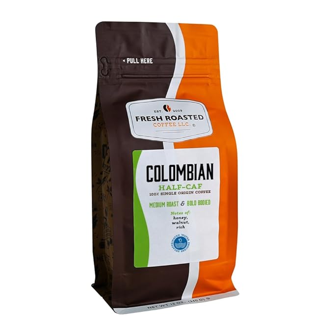 Fresh Roasted Coffee,100% Colombian Water Half-Caf, 12 oz, Medium Roast, Kosher, Whole Bean