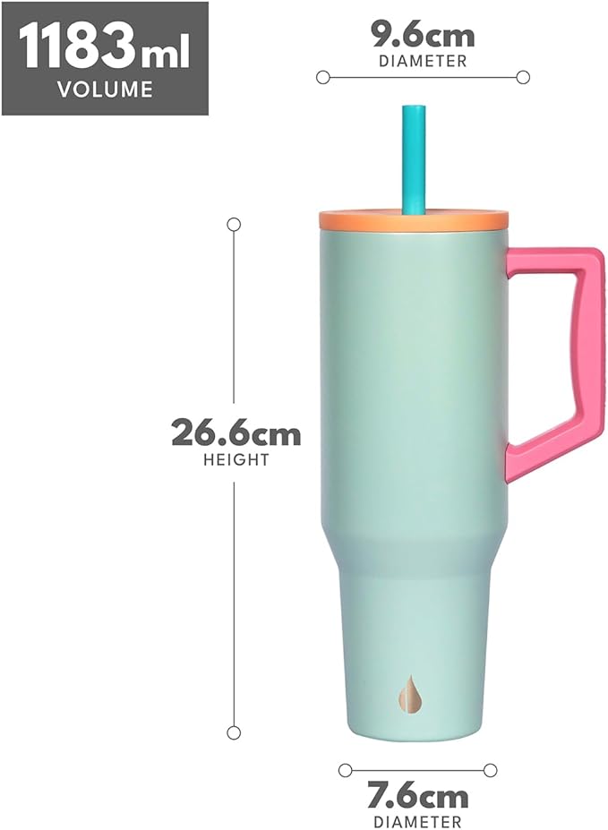 Elemental 40 oz Tumbler with Handle and Straw - Spill Proof Insulated Stainless Steel Commuter for Hot and Cold Beverages - Travel Coffee Mug with 2 Straws & Spill Proof Lid - 40oz - Mint Sorbet