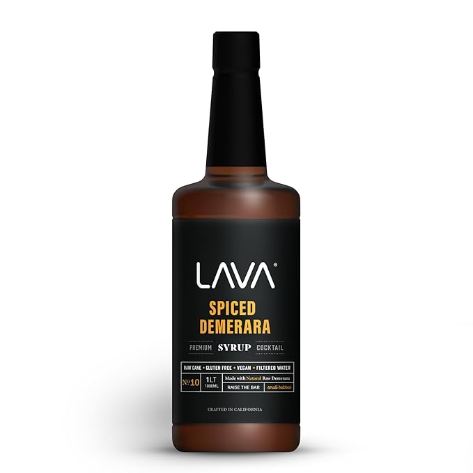 33.8oz LAVA Premium Craft Spiced Demerara Syrup made with Natural Pure Demerara, Cardamom, Clove, Cinnamon, Orange Zest. Perfect for Cocktails, Whiskey, Old Fashioned, Coffee, Drinks, Desserts. Non-Alcoholic, Gluten Free, Vegan. 1-Liter Bottle.