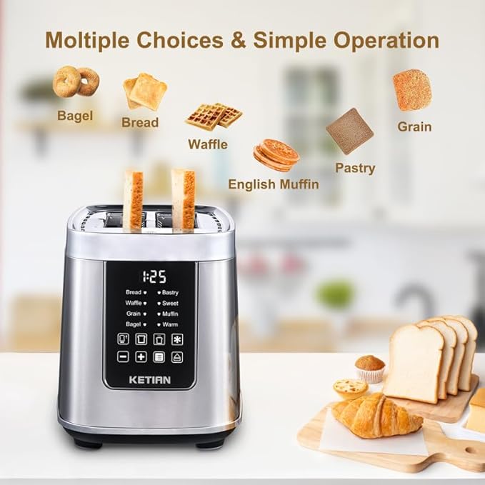 Smart Touch Screen Toaster 2 Slice, KETIAN Automatic Digital Stainless Steel Toaster,7 Bread Types,Single Slot Tech,7 Browning Settings,Removable Crumb Tray,1400W (Silver)