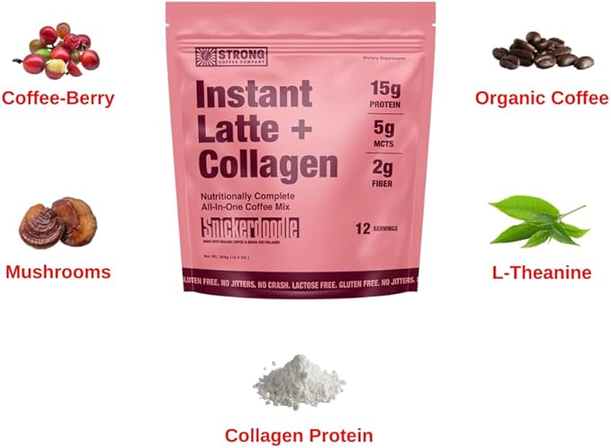 Strong Coffee Co. Instant Snickerdoodle Latte | Organic Coffee with 15g Collagen Protein | Lion’s Mane & L-Theanine | Nootropic Instant Coffee | 12 Servings