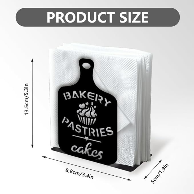 Cutting Board Decorative Black Metal Napkin Holder for Table, 5.3" x 3.4" x 1.9" Bakery Cakes Standing Napkin Holder for Home Kitchen Restaurant Picnic Party Coffee Bar Dining Room
