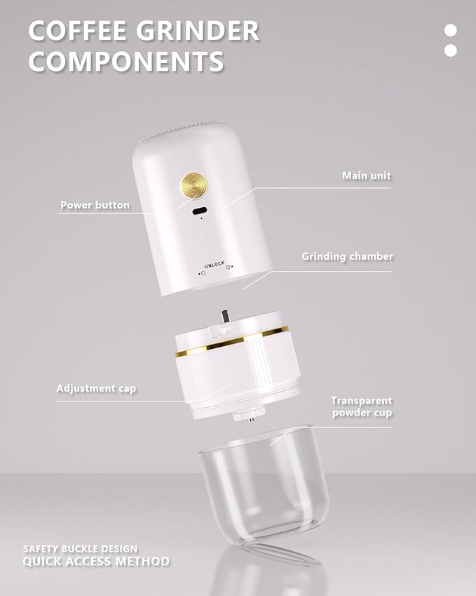Portable Electric Coffee Grinder ，Automatic Coffee Grinder with USB Type-C wireless charging design，Adjustable Coarse to Fine for coffee beans, grains, cleaning brush + cable Includes (white)