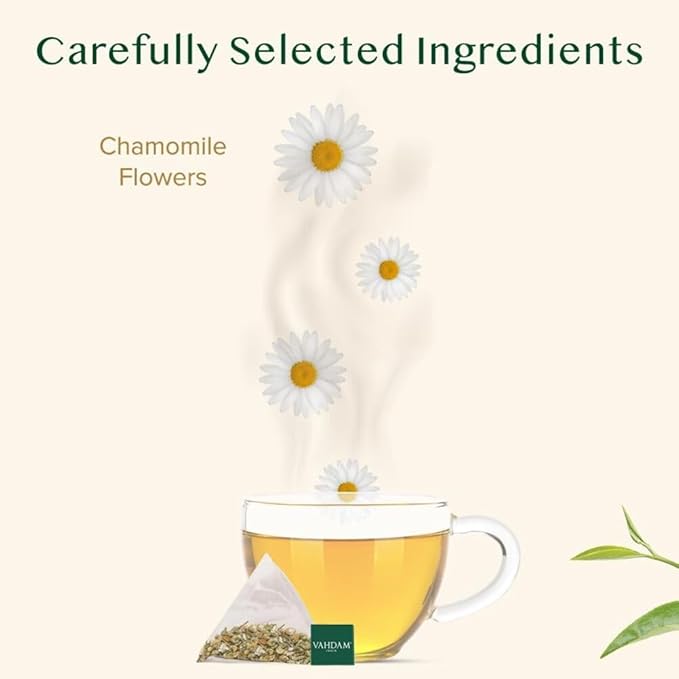 VAHDAM, Chamomile Herbal Tea Bags (15 Count) Caffeine Free, Non GMO, Gluten Free | 100% Pure Herbal Tisane - Sweet & Floral | Whole Leaf Tea Bags | Resealable Ziplock Pouch