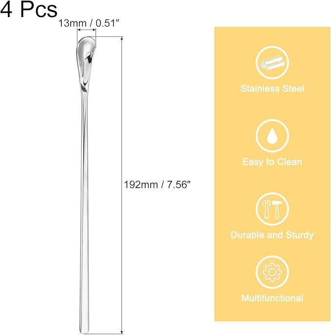 uxcell 4Pcs Stainless Steel Mixing Spoon 7.6 Inch Cocktail Stirrer Bar Spoon Drink Stirring Spoon with Long Handle for Bar Cocktail Ice Tea, Silver