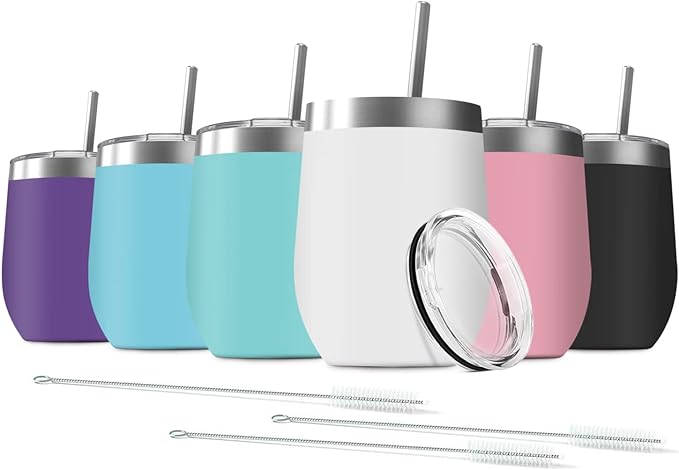 6 Pack 12 oz Stainless Steel Wine Tumbler with Lids, Double Wall Vacuum Insulated Travel Cup Including 6 Straws Set for Coffee, Cocktail, Drink, Tea and Beer (Assorted Colors)
