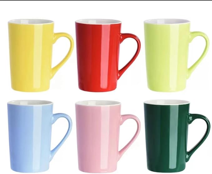 Multi-Coloured Ceramic Mugs Set of 6-13.5oz / 400ml -Coffee Mugs-Cappuccino-Tea Cups- Hot Chocolate Cups (Red, Blue, Yellow, Green, Pink, Blackish Green, Large)