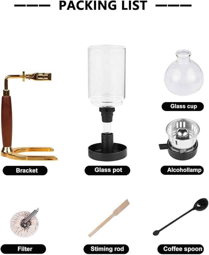 Siphon coffee machine, Vacuum coffee maker, Japanese siphon coffee maker, Manual coffee brewer, Coffee maker for camping (Wood Color & Gold Base, 5 Cups(600ml))