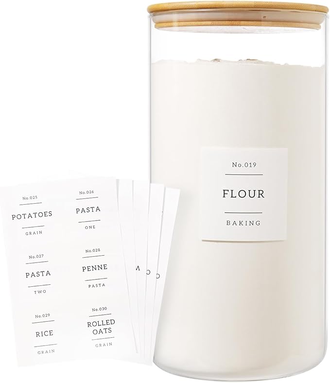 1.2 Gallon Large Glass Grain Storage Container With Airtight Bamboo Lid - Kitchen Glass Storage Jars With 42 Pantry Labels - Thicken Big Clear Rice and Flour Containers For Your Pantry