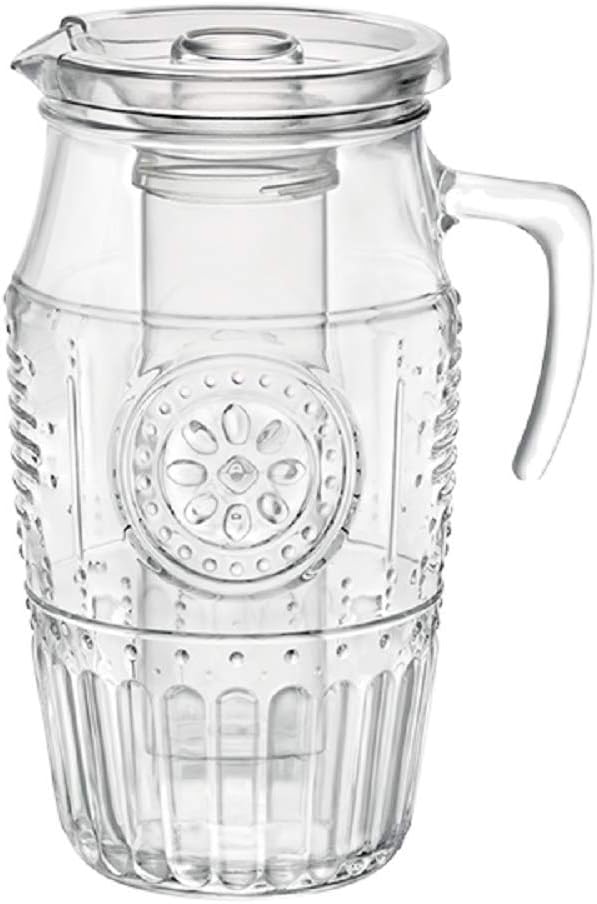 Bormioli 'Romantica' glass carafe with ice compartment, carafe filling capacity of 1.8 litres, keeps drinks cool without becoming watered down, glass embossing in a beautiful vintage design