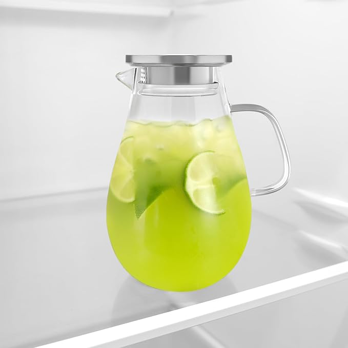 Glass Pitcher With Lid, 51 oz Glass Water Pitcher, 0.4 Gallon glass Pitchers With Handle And Lid For Fridge, Carafe Jug For Hot/Iced Water Milk Juice Coffee Fruit Tea pitcher