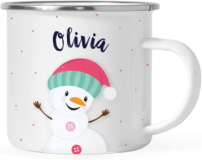 Andaz Press Personalized Name 11oz. Kids Christmas Hot Chocolate Stainless Steel Campfire Coffee Mug, Charming Snowman Pink Aqua Hat Hello, 1-Pack, Custom Birthday Xmas Cup Kids Hot Chocolate Mug