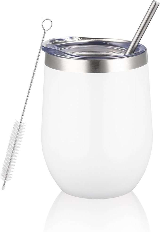 12 oz Insulated Wine Tumbler with Lid and Straw,Stainless Steel Stemless Wine Tumbler Glasses Double Wall Vacuum Wine Cups Tumbler for Coffee,Champaign,Cocktail,Office (White,1)