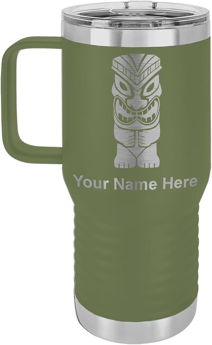 LaserGram 20oz Vacuum Insulated Travel Mug with Handle, Tiki Statue, Personalized Engraving Included (Camo Green)