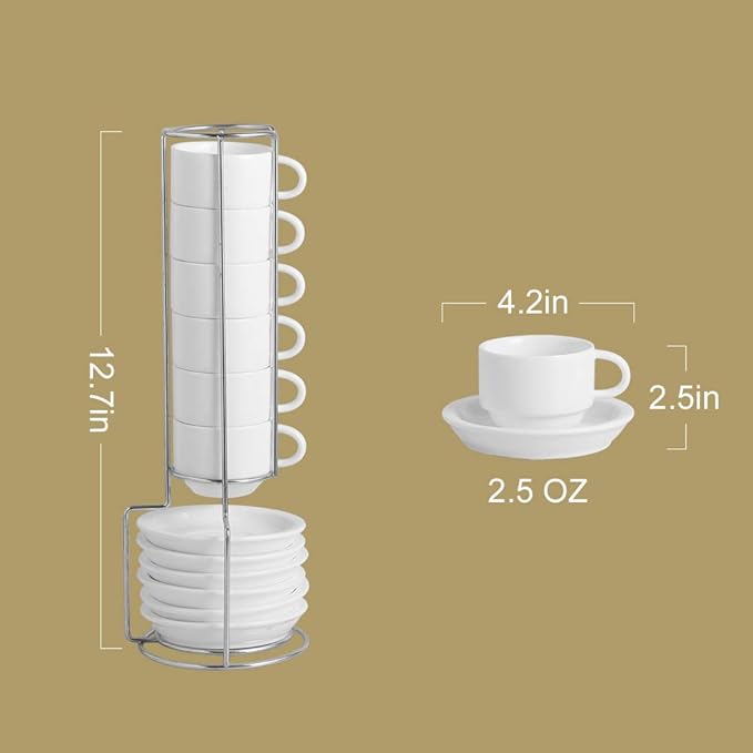 Sweejar Porcelain Espresso Cup & Saucer Set, Stackable Demitasse Cups with Metal Stand, 2.5 OZ for Latte,Coffee,Cafe Mocha,Tea, Set of 6(Blue)