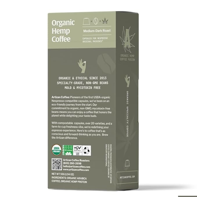 Artizan Coffee Roasters Organic Hemp Espresso Capsules For Nespresso Original | Hemp Fusion | 10 Compatible Compostable Pods